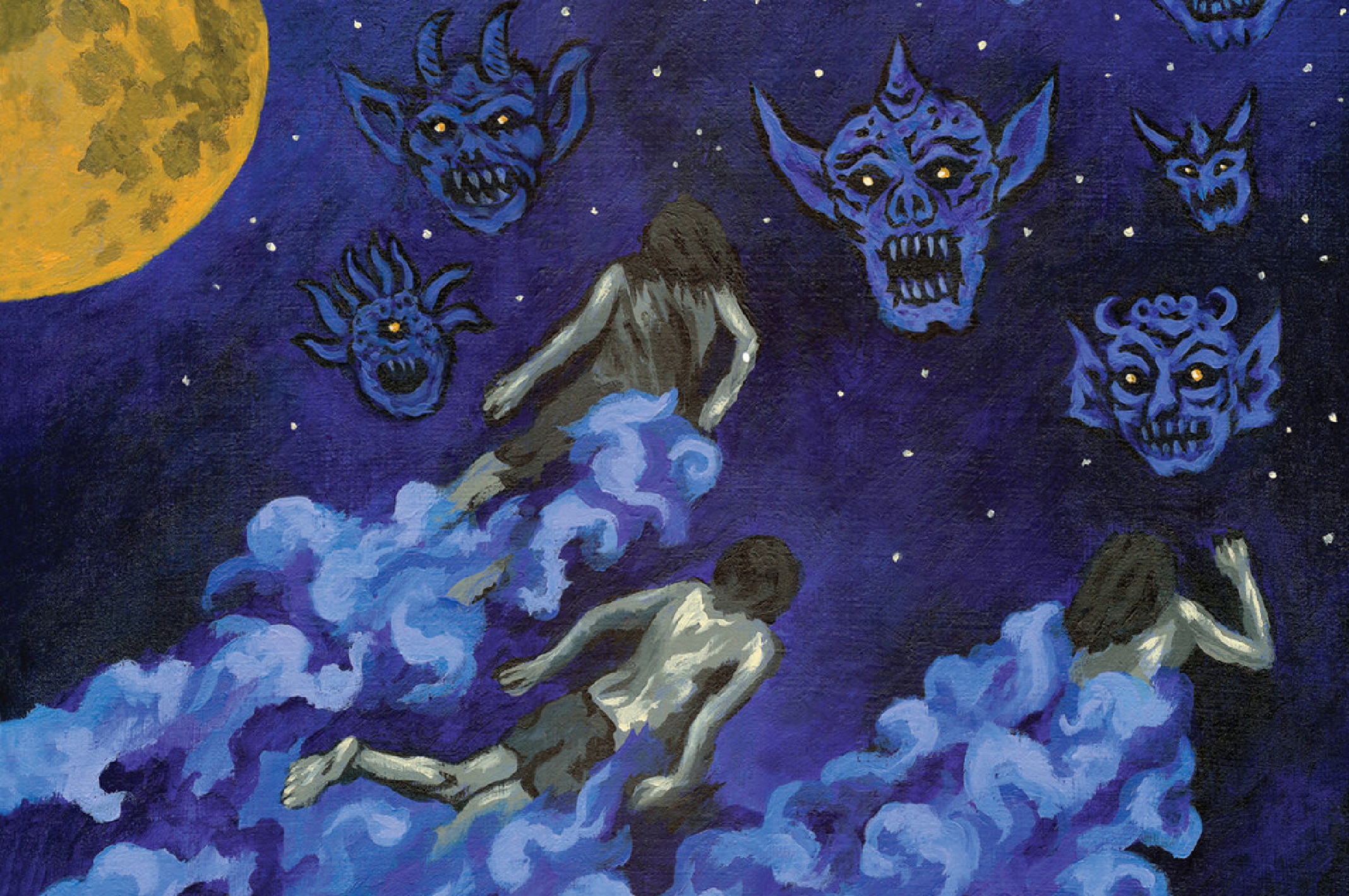 Album cover art for the mountain goats transcendental youth. it shows a painting of ghostly people floating up on clouds toward a starry night sky with monstrous faces throughout the sky. the moon shines bright.